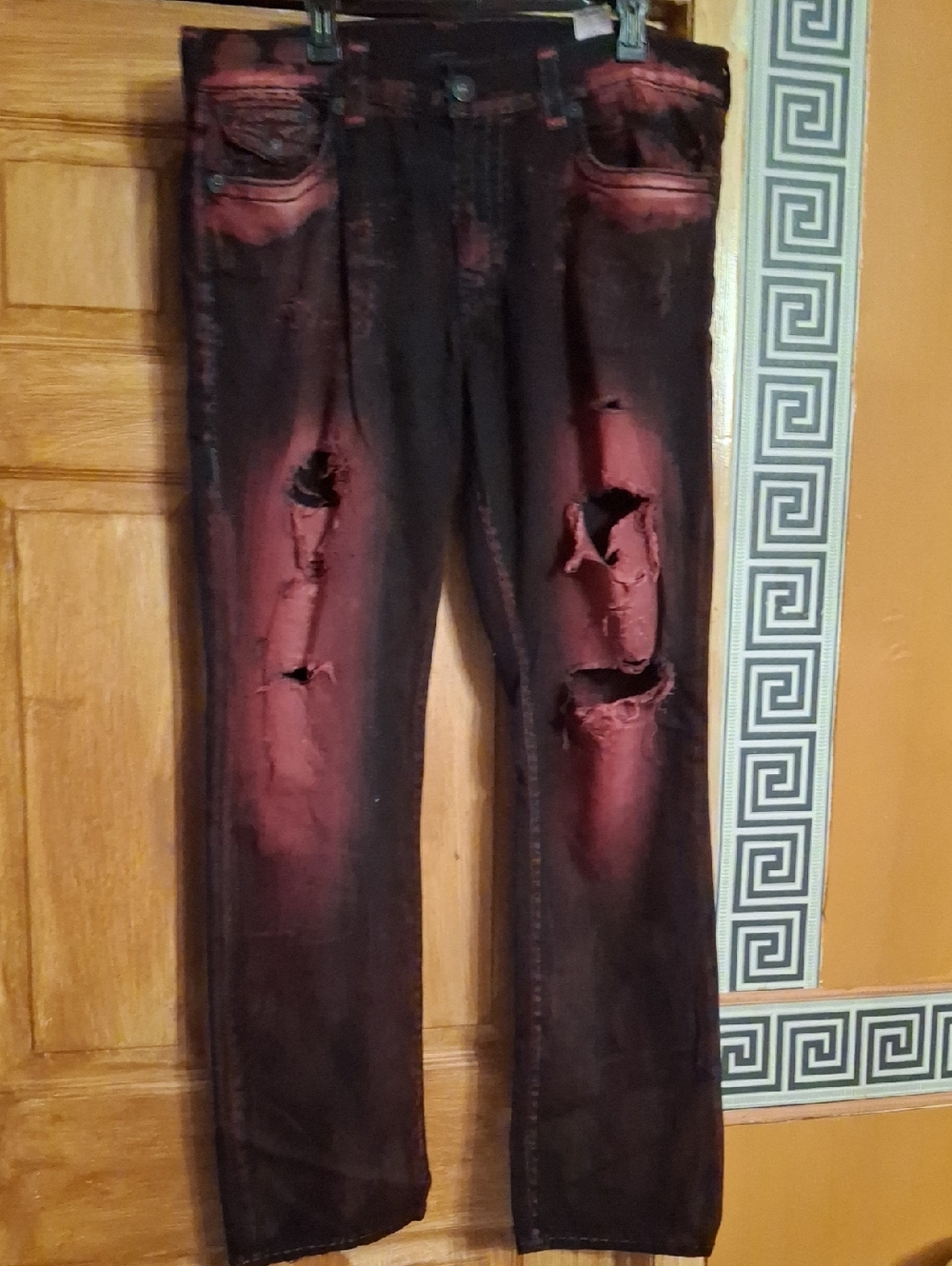 True Religion Slim Straight Black Jeans with Red Washed Accents